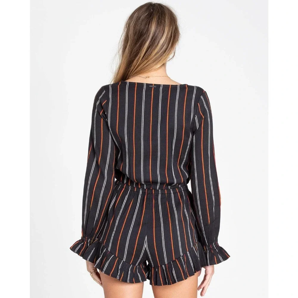 Billabong Romper Large Black Striped Play All Day V-Neck Long Sleeve - Picture 4 of 15